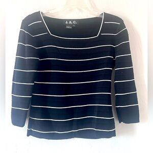 J A C Top Women Size M  Black White Stripe Viscose Knit Stretch Comfort Vintage